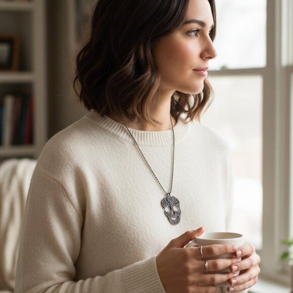 💀 Día de Muertos Sugar Skull Floral Statement Necklace - Picture 6 of 6